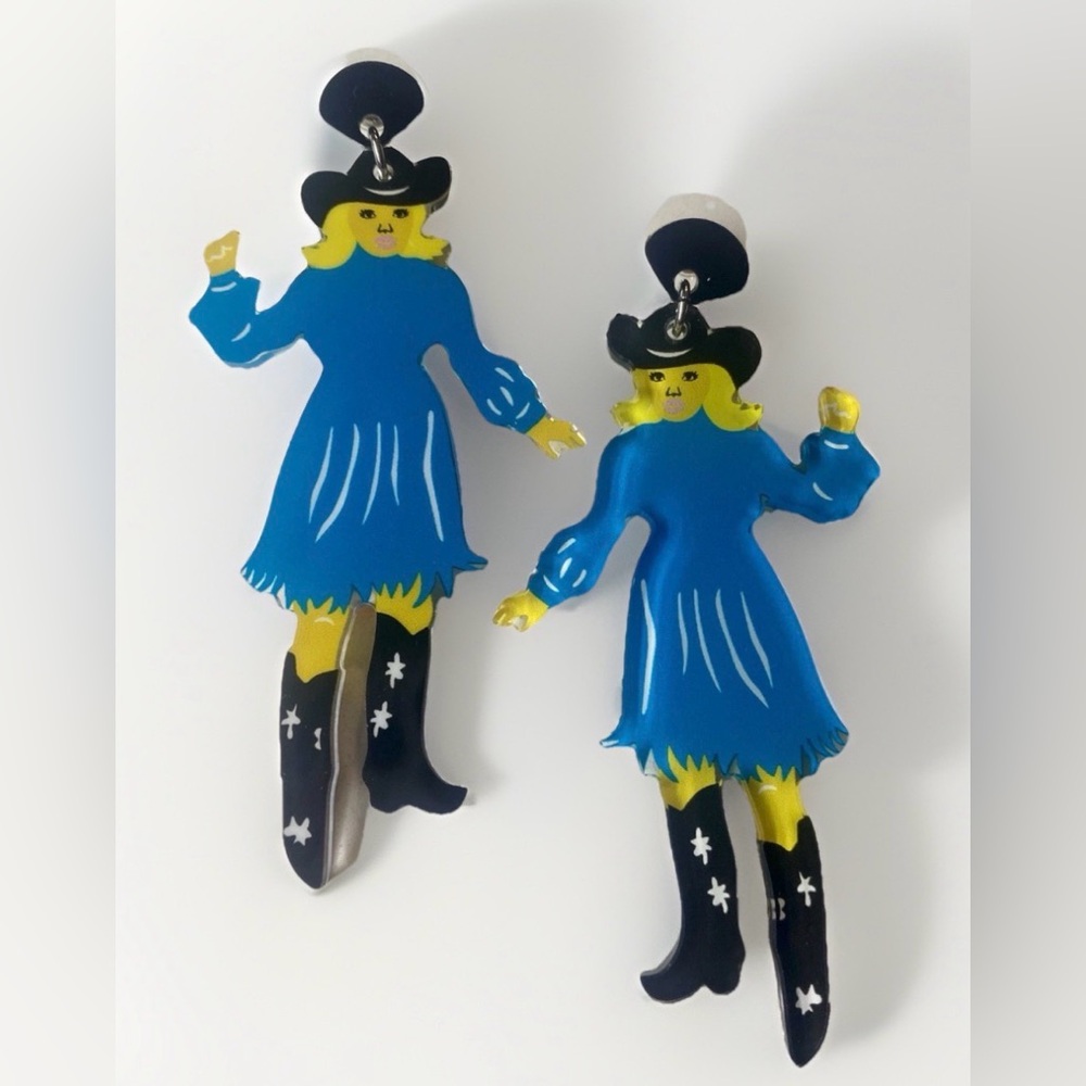 XL 3.5" Unbranded Kitsch Cowgirl Dangle Earrings Blue Retro Western Star Boots